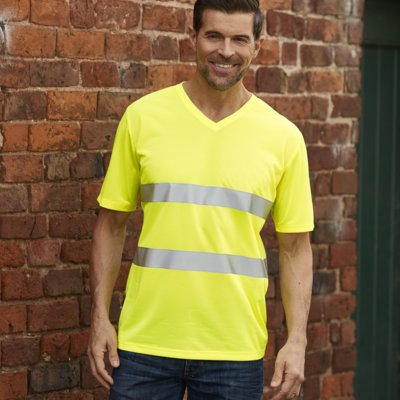 Custom Printed HI-VIS V-neck t-shirt, yellow, www.ontimeprint.co.uk