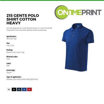 Custom Printed Promotional White Polo Shirts 215 specification- www.ontimeprint.co.uk