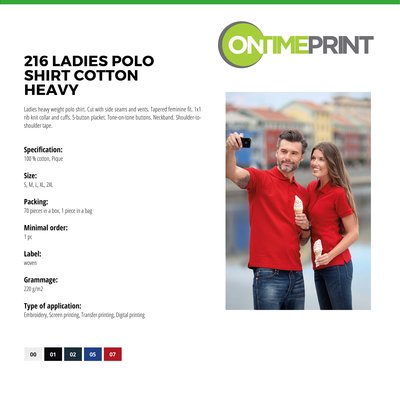 Custom Printed Promotional White Polo Shirts 216 specification- www.ontimeprint.co.uk