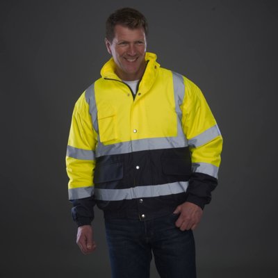 Embroidered Hi Vis two tone bomber work jacket, yellow navy. www.ontimeprint.co.uk